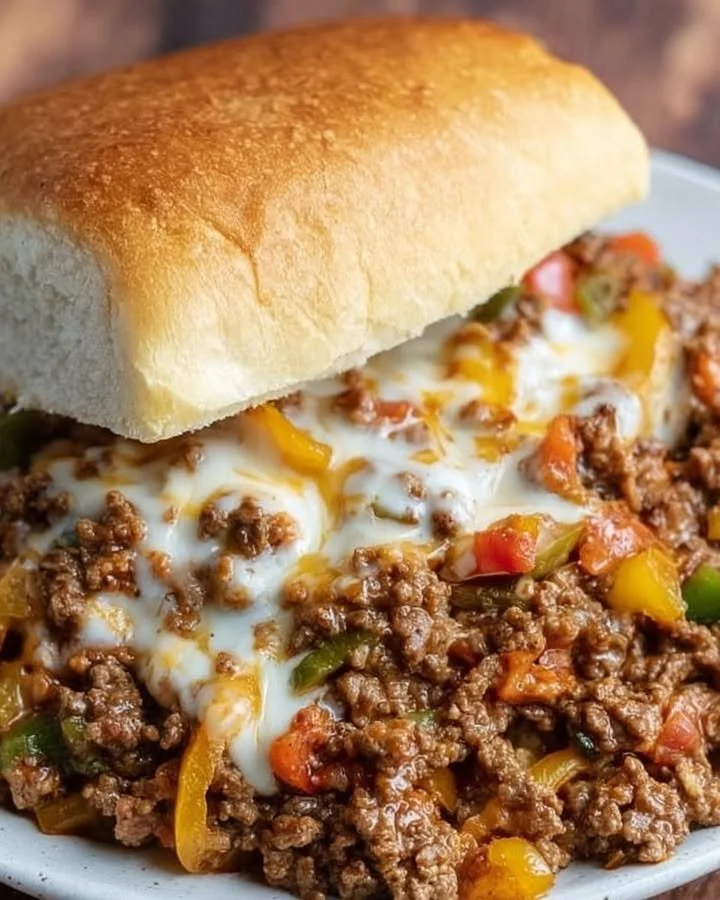 Philly Cheesesteak Sloppy Joes with melted cheese and beef on a bun