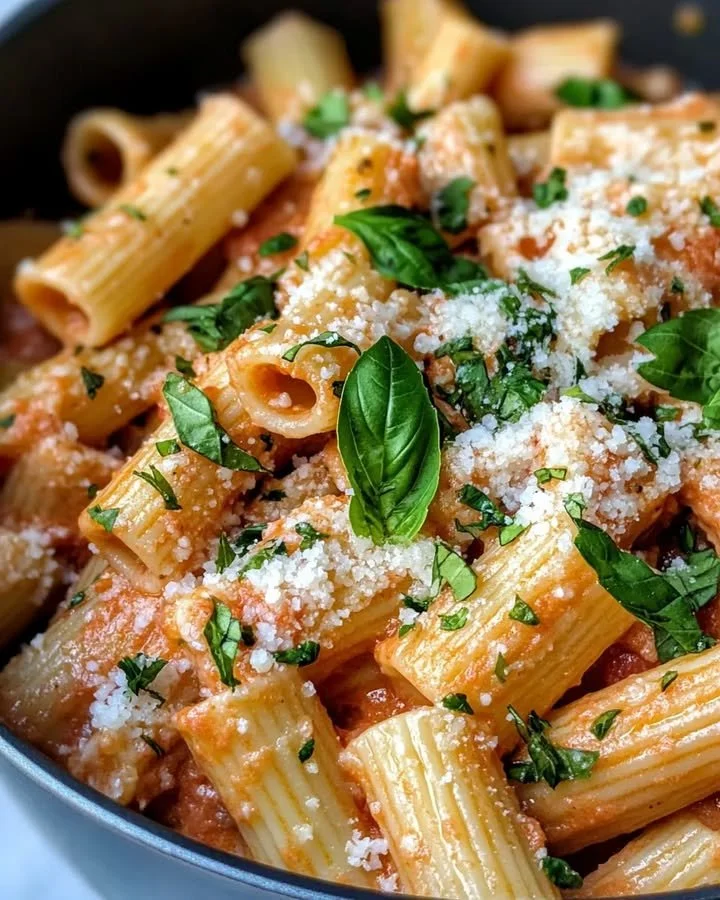 One pot creamy tomato rigatoni served in a bowl with fresh basil