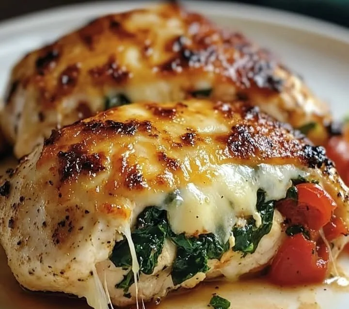 Roasted red pepper, spinach, and mozzarella stuffed chicken ready to serve
