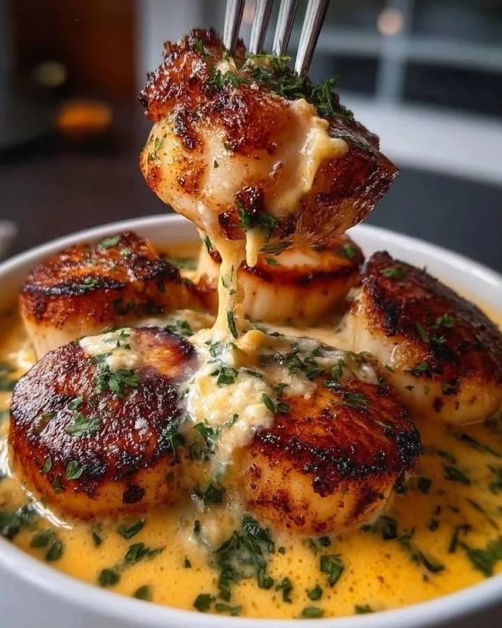 Seared scallops in garlic Cajun butter sauce served on a plate