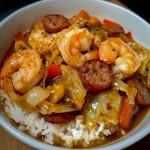 Shrimp and Sausage Cabbage Bowl with Rice served in a bowl