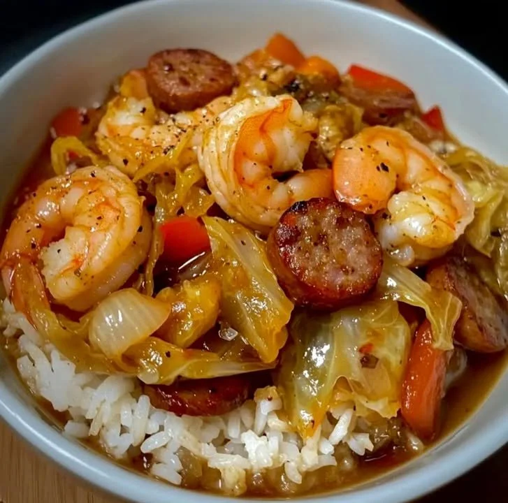 Shrimp and Sausage Cabbage Bowl with Rice served in a bowl