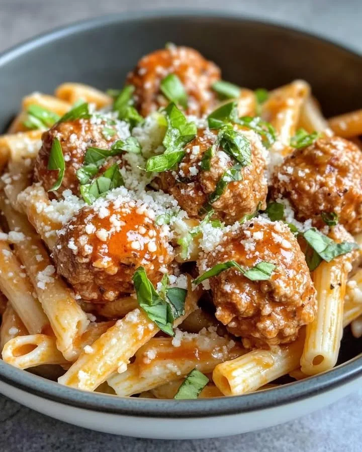 A bowl of spicy Buffalo meatball pasta topped with cheese and herbs