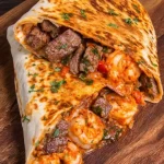Delicious Steak & Shrimp Quesadilla served with melted cheese and fresh toppings