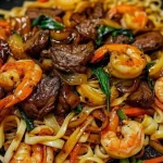 Delicious stir-fried noodles with steak and shrimp served in a bowl.