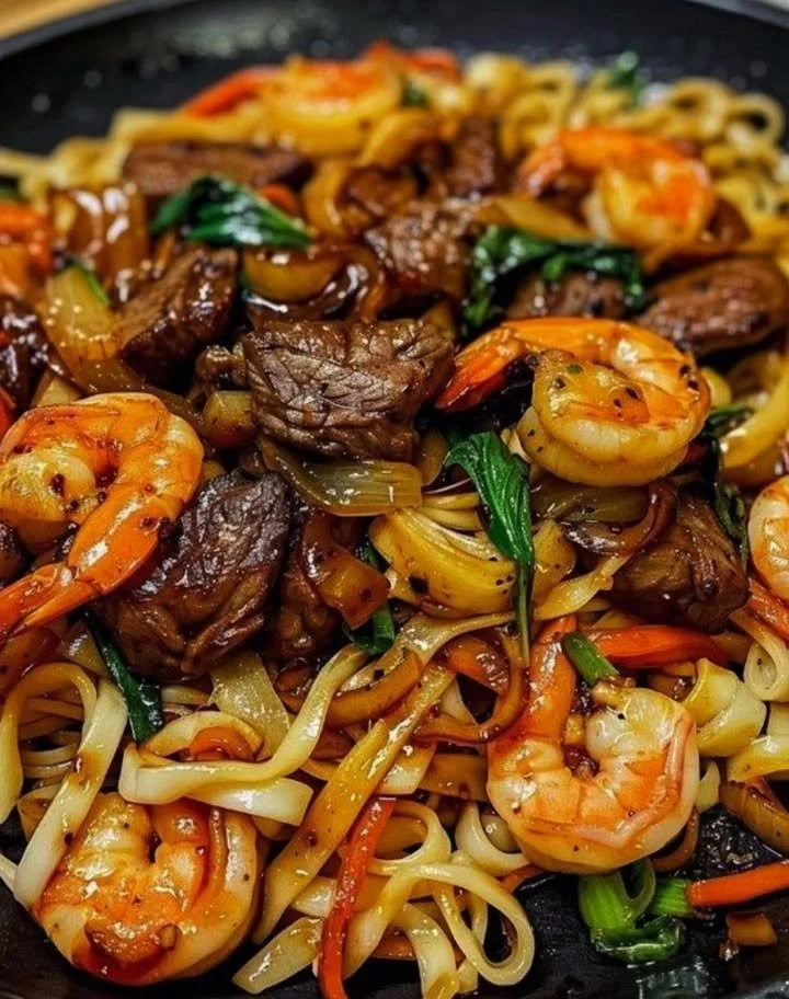 Delicious stir-fried noodles with steak and shrimp served in a bowl.