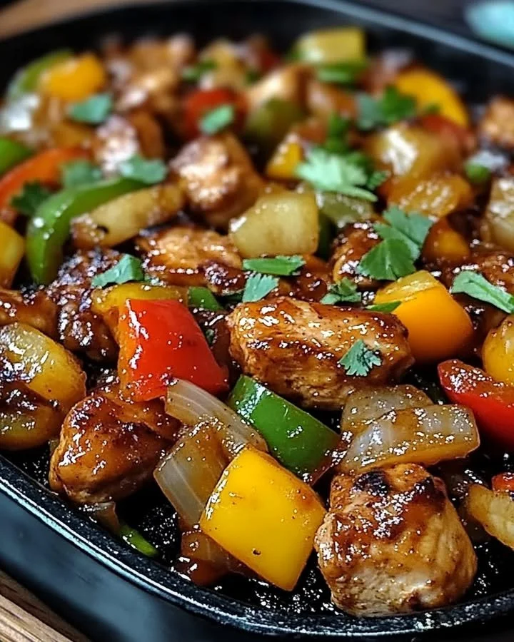 Tropical Hawaiian Chicken cooked on a sheet pan with vibrant vegetables and pineapple