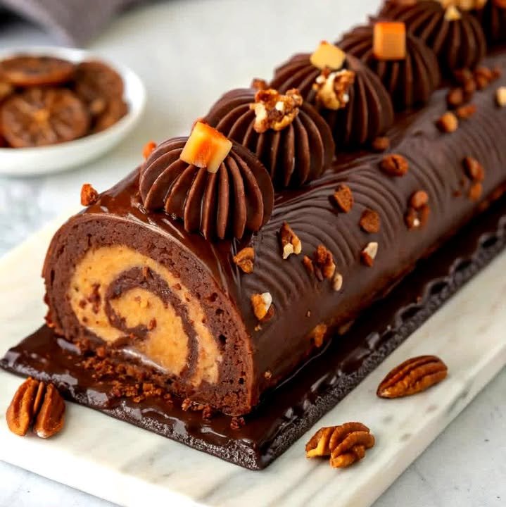 Chocolate Caramel Turtle Cake Roll