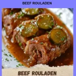 Delicious Beef Rouladen served with gravy and garnish on a plate.