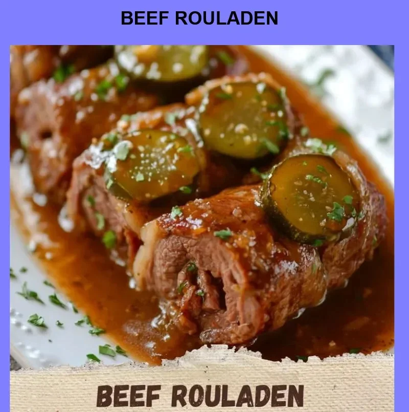 Delicious Beef Rouladen served with gravy and garnish on a plate.