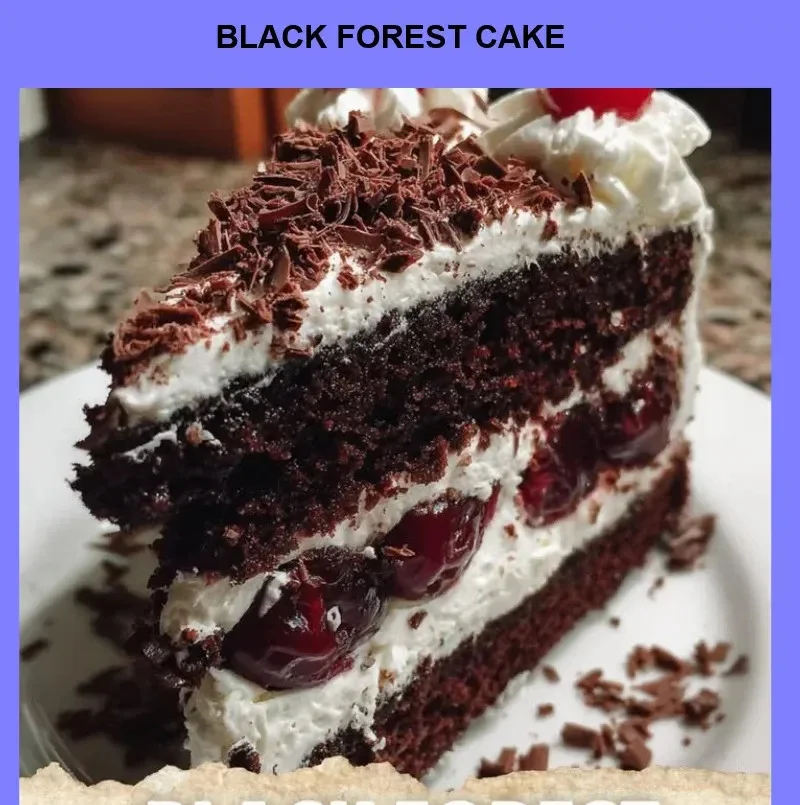 Delicious slice of Black Forest Cake with cherries and cream frosting