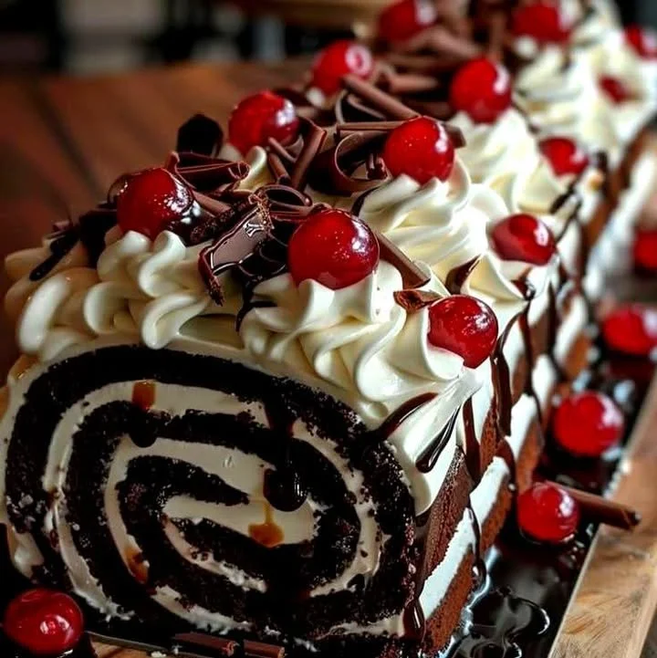 Delicious Black Forest Roll Cake with cream and cherries