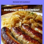 Bratwurst served with sauerkraut on a plate, garnished with herbs