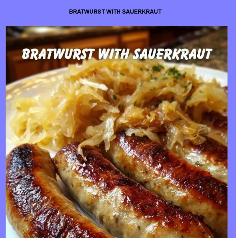 Bratwurst served with sauerkraut on a plate, garnished with herbs