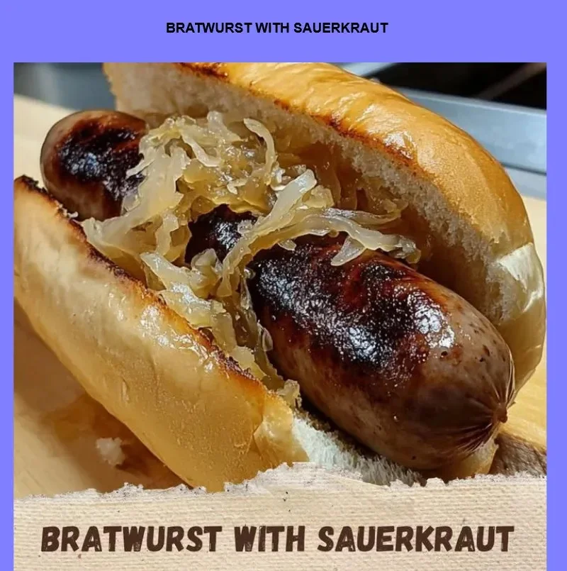 Delicious bratwurst served with sauerkraut on a plate.