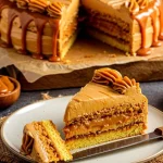 Delicious Caramel Sweet Milk Layer Cake topped with caramel drizzle.