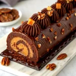 Chocolate Caramel Turtle Cake Roll dessert with chocolate and caramel layers