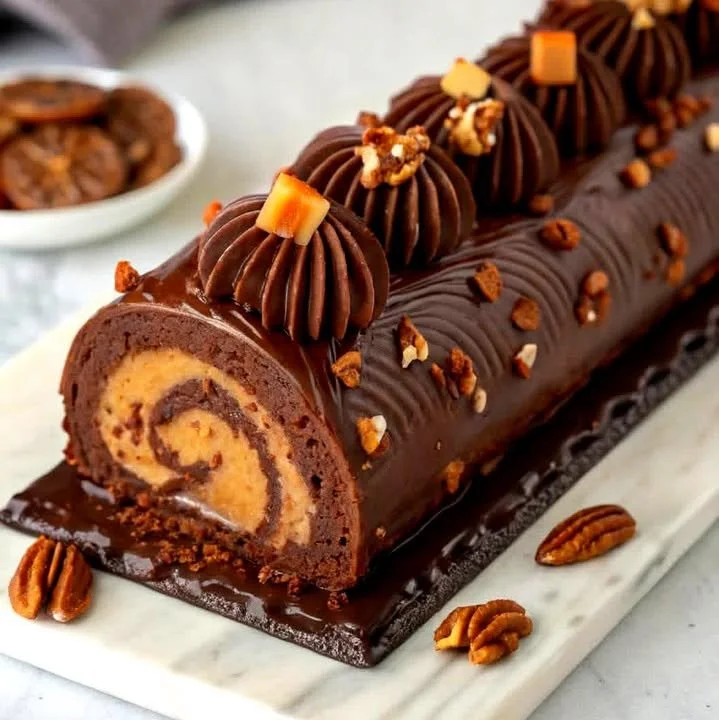 Chocolate Caramel Turtle Cake Roll dessert with chocolate and caramel layers