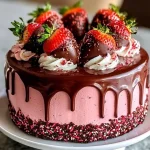 Chocolate-Dipped Strawberry Mousse Cake with fresh strawberries topped with chocolate
