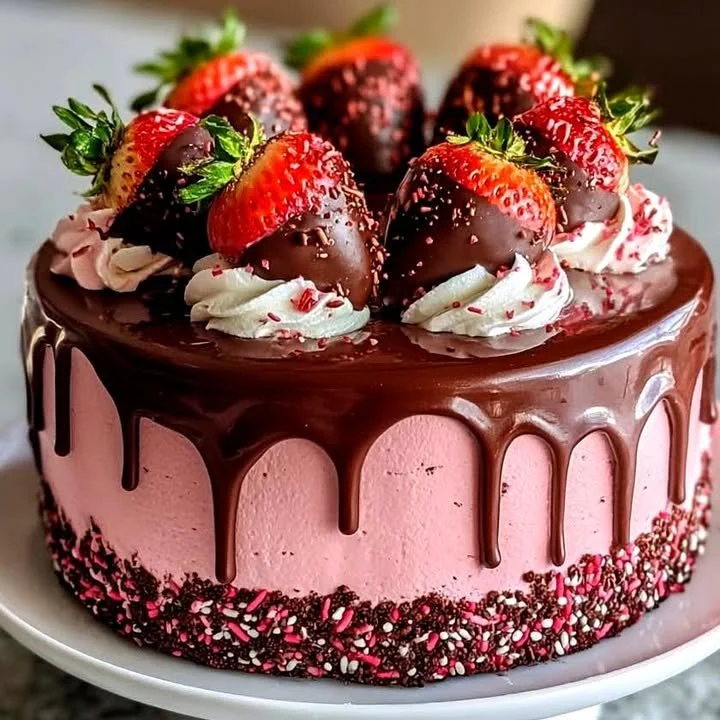Chocolate-Dipped Strawberry Mousse Cake with fresh strawberries topped with chocolate