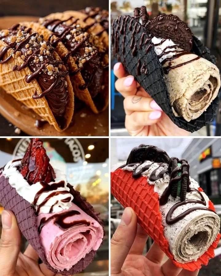 Chocolate ice cream tacos served on a wooden plate with toppings