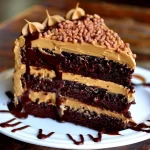 Chocolate Peanut Butter Dream Cake topped with chocolate ganache and peanuts