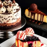 Chocolate-studded ice cream cake decorated with cream and chocolate chips