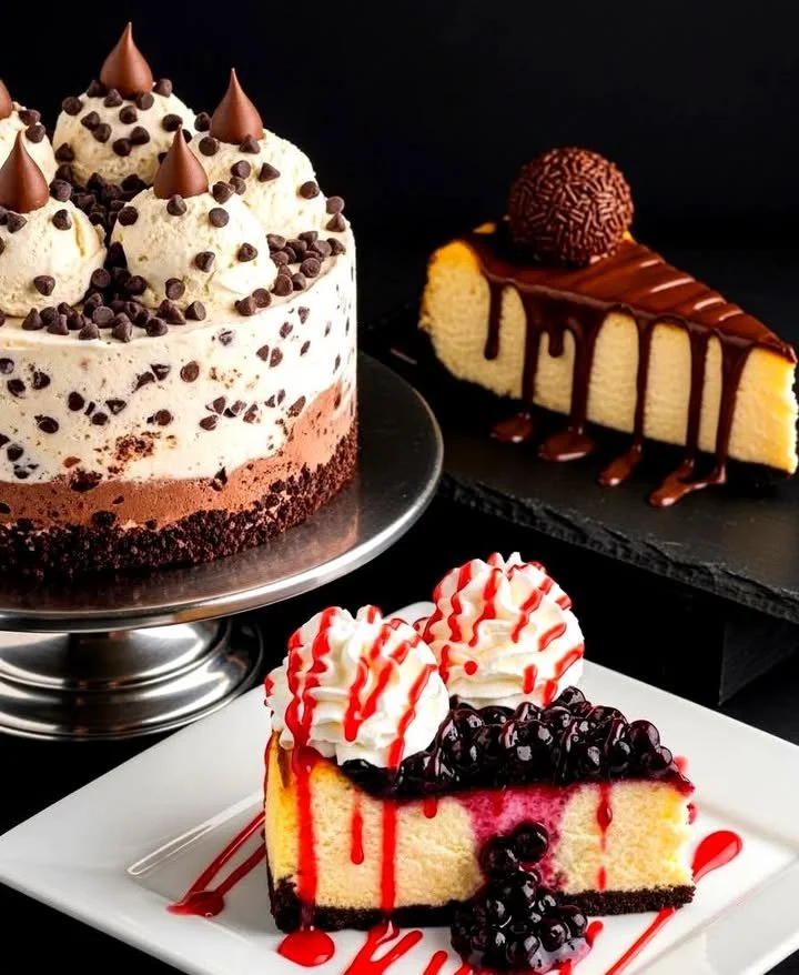 Chocolate-studded ice cream cake decorated with cream and chocolate chips