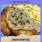 Delicious Classic Hunter's Schnitzel served with garnish and sauce