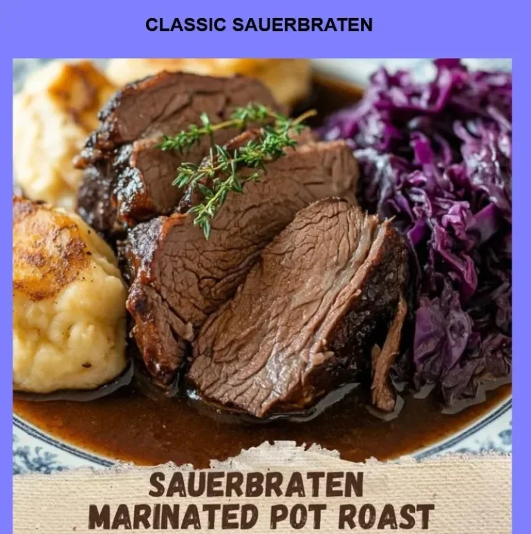 Classic Sauerbraten served with vegetables and gravy on a plate
