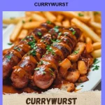 Plate of Currywurst with spicy sauce and fries served on a street food stall