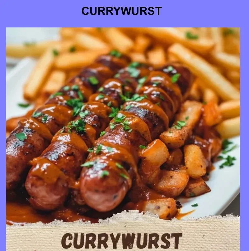 Plate of Currywurst with spicy sauce and fries served on a street food stall