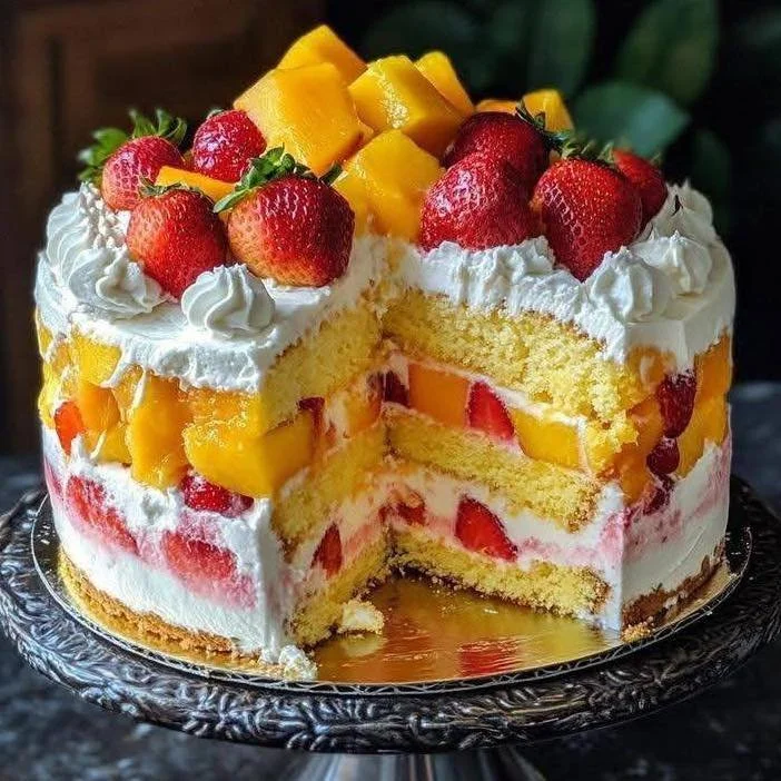 Fruit-Filled 3-Layer Whipped Cream Birthday Cake with vibrant fruit toppings