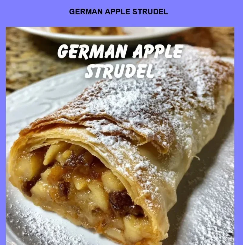 Slice of German Apple Strudel dusted with powdered sugar and served with ice cream
