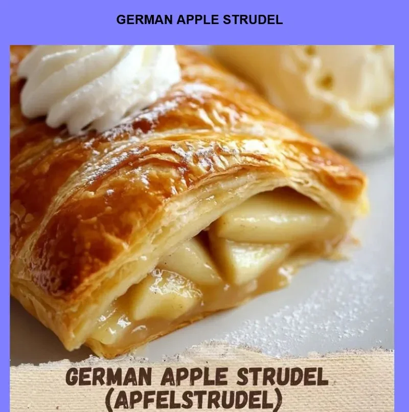 Delicious homemade German apple strudel topped with powdered sugar