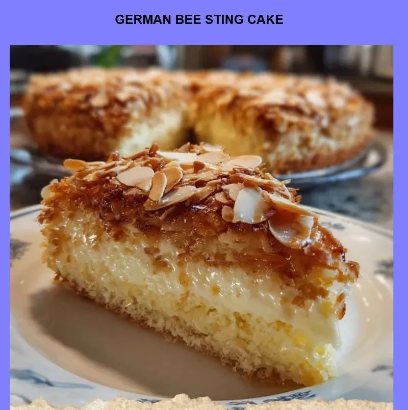Delicious German Bee Sting Cake with creamy filling and honey almond topping
