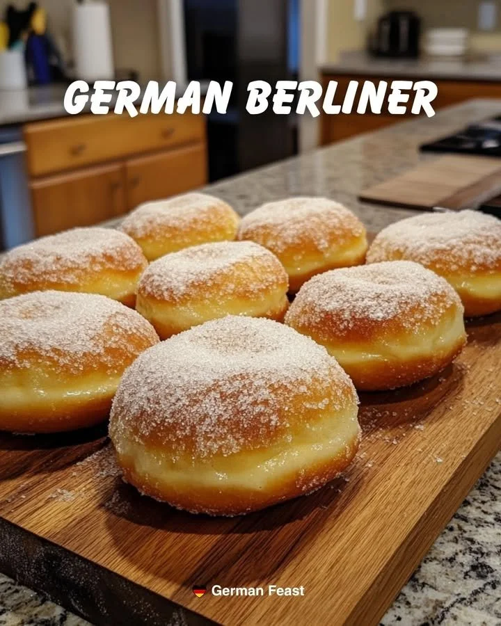 Delicious German Berliner pastry filled with sweet jam and powdered sugar.