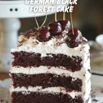 German Black Forest Cake Delicious slice of German Black Forest Cake topped with cherries and whipped cream.