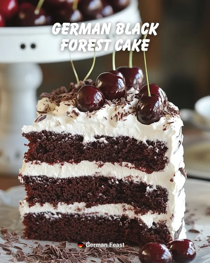 Delicious slice of German Black Forest Cake topped with cherries and whipped cream.