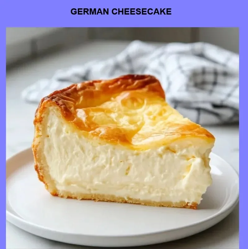 Slice of German Cheesecake topped with fresh berries on a white plate.