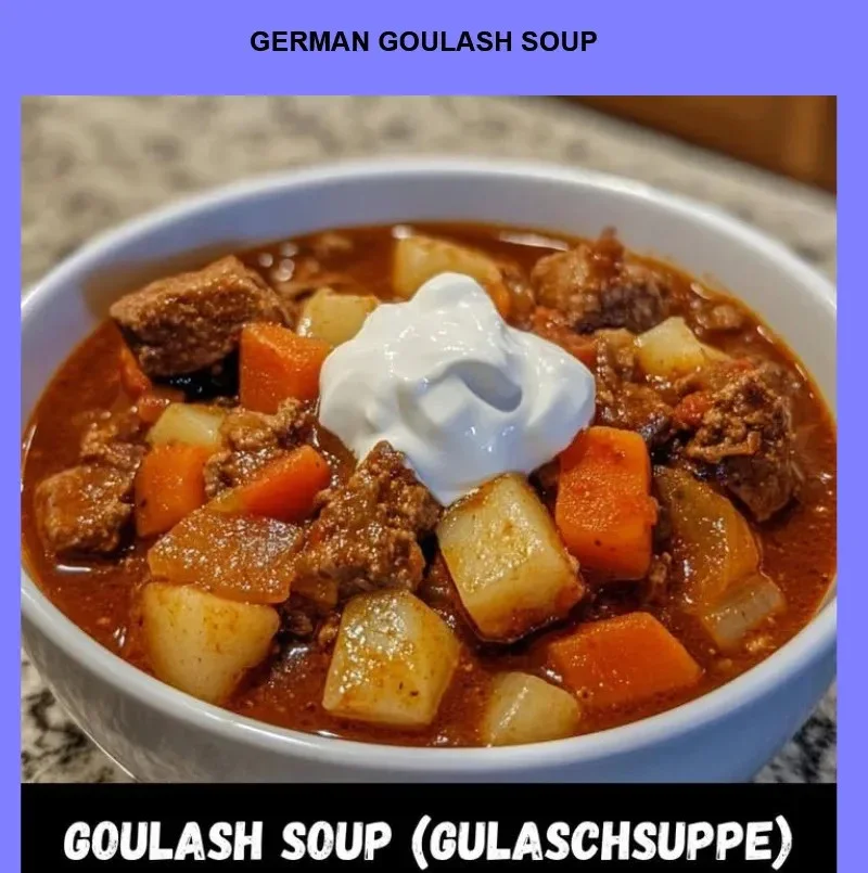 A bowl of German Goulash Soup with beef, vegetables, and spices