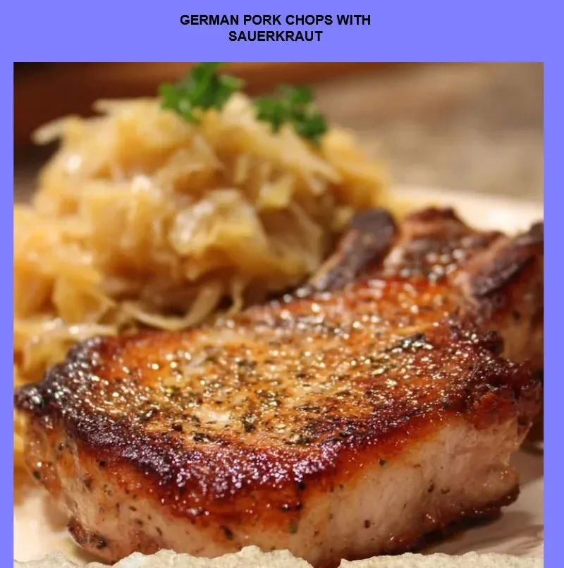 Delicious German pork chops served with sauerkraut in a traditional dish