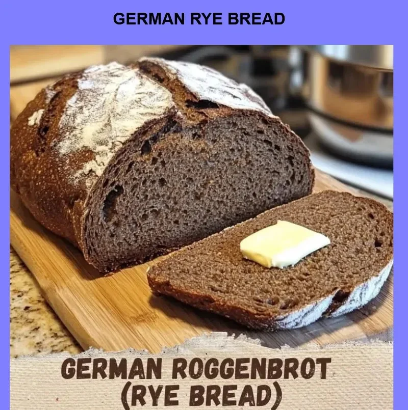 Freshly baked German Rye Bread sliced on a wooden board.