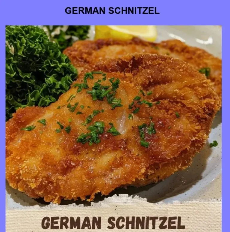 Delicious German Schnitzel served with lemon and herbs on a plate