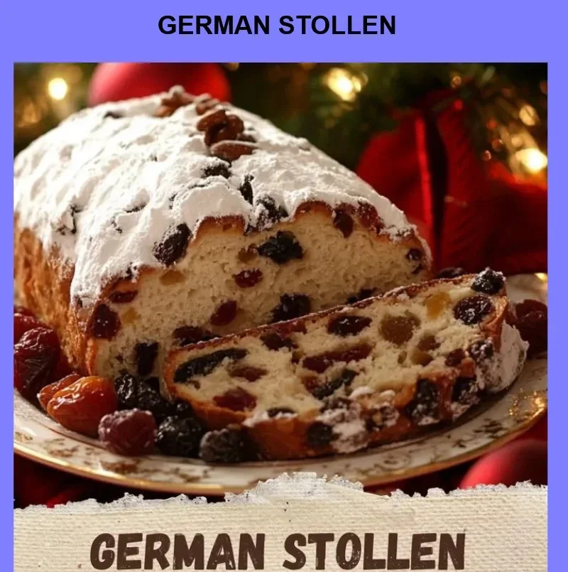 Traditional German Stollen with fruits and nuts on a festive table