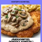 A delicious plate of Hunter's Schnitzel garnished with herbs and served with sides.
