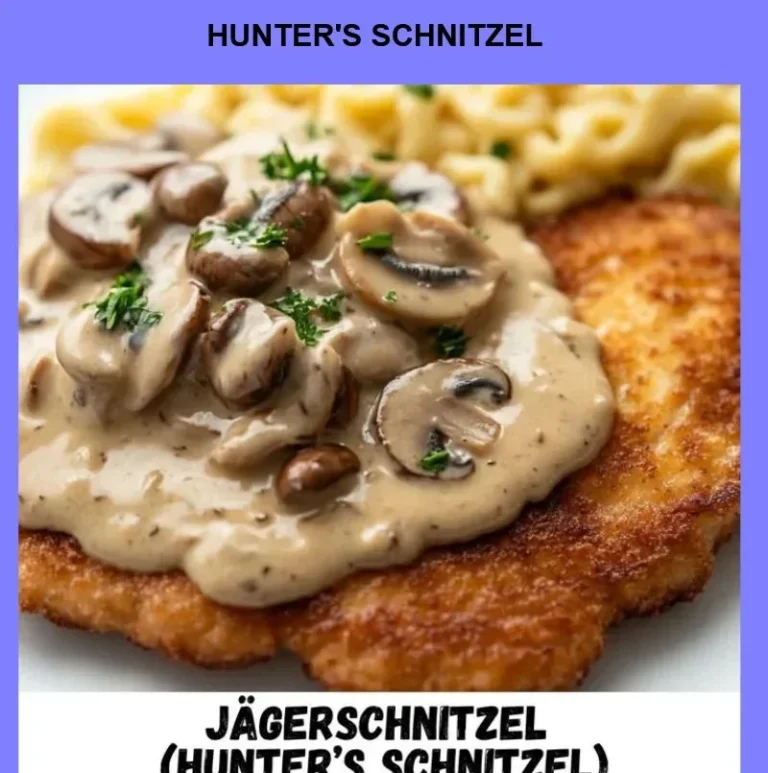 A delicious plate of Hunter's Schnitzel garnished with herbs and served with sides.
