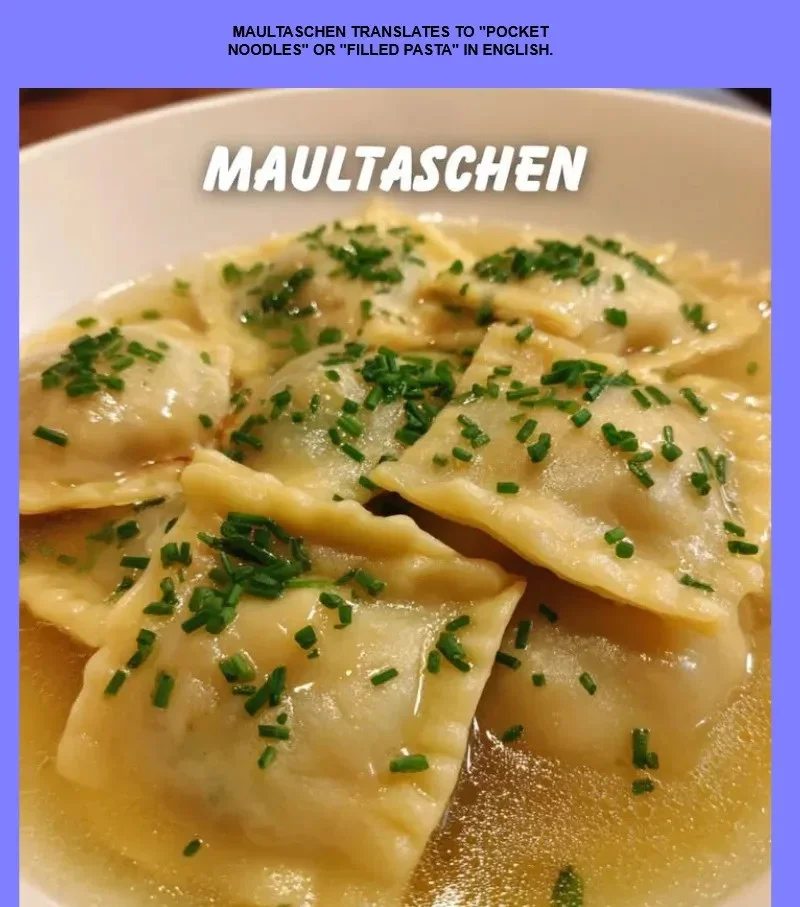 Plate of traditional Maultaschen, delicious filled pasta from Germany.