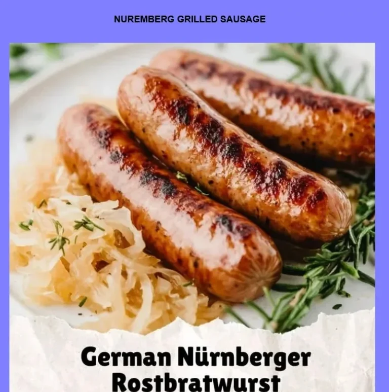 Delicious Nuremberg grilled sausage served on a plate with garnishes