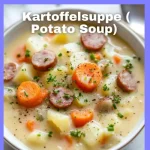 Creamy potato soup topped with herbs and served in a bowl